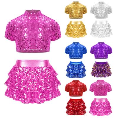Traje de Dança de Cheerleading para Meninas Gola Alta Manga Curta Lantejoulas Brilhantes Top Cropped Shorts Babados em Camadas