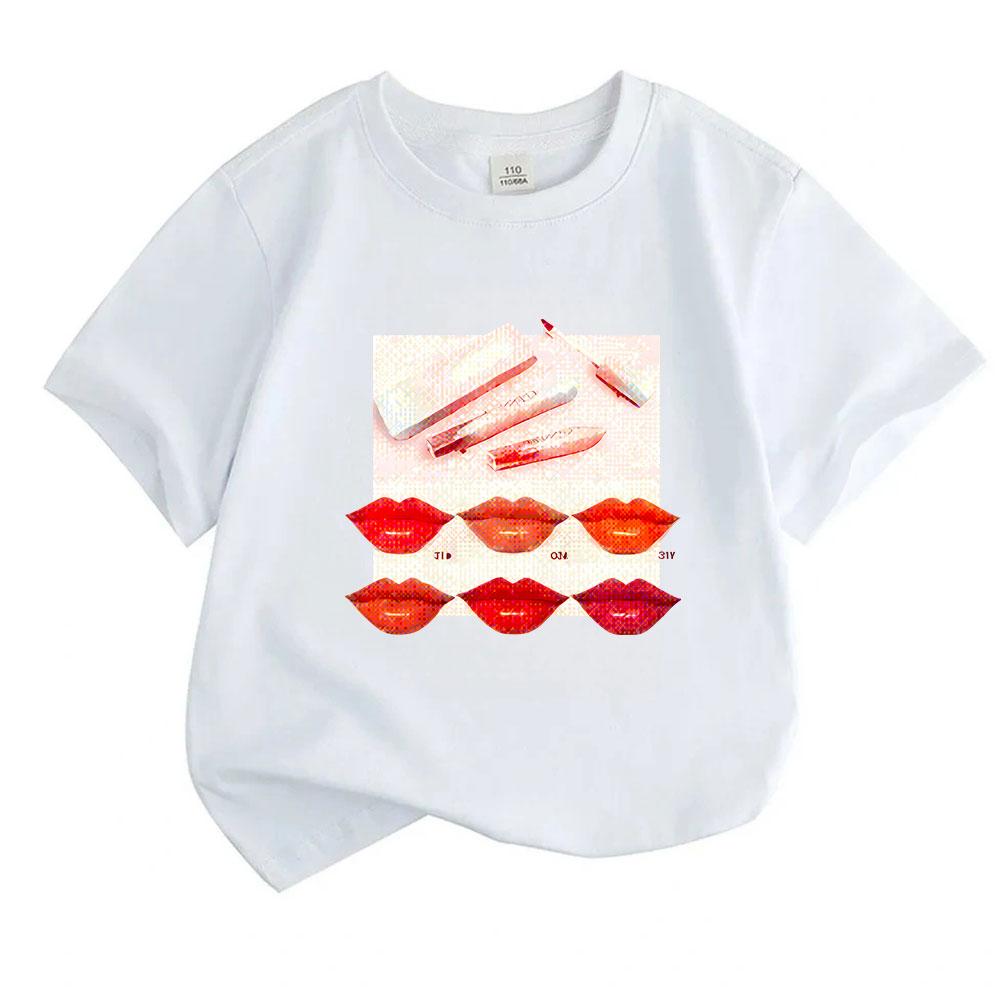 Kids Boys Girls 100% Cotton Crew Neck Short Sleeve T-shirt, Fashion Lipstick Print Casual Soft Breathable Summer Tee Tops for Children Daily Wear