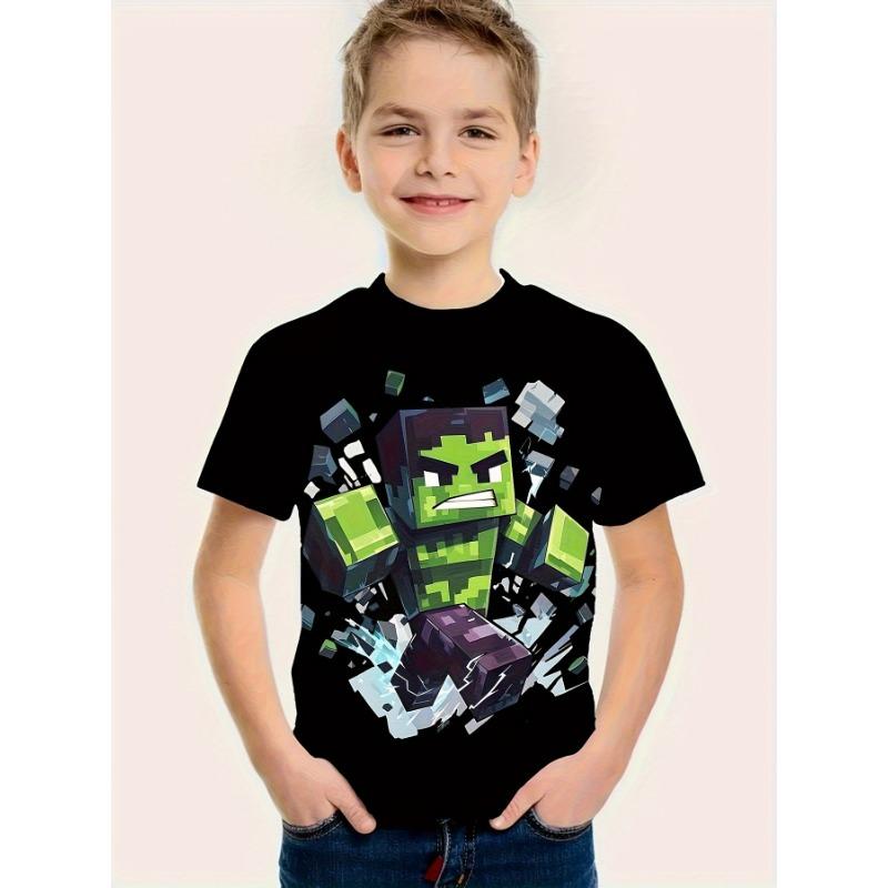3D Printed Game Player T-Shirt for Boys - Vibrant pixel game design, short-sleeved round-neck,