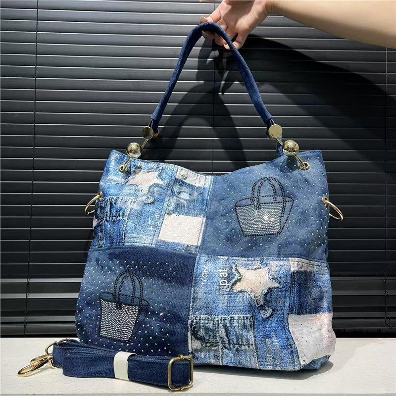 Girlsiii Shoes Women's Blue Personalized Denim Washed Denim Tote Retro Destruction Element Shoulder Oblique Span Bag