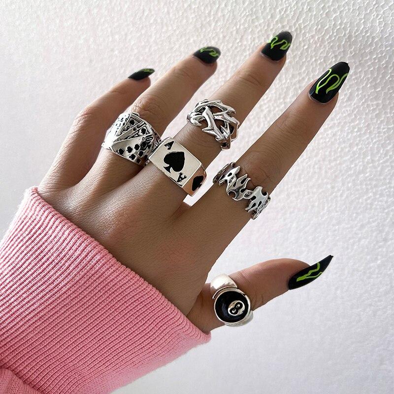 Punk Gothic Poker Ring Set for Women Vintage Spades Ace Silver Color Plated Retro Rhinestone Charm Billiards Ring Finger Jewelry