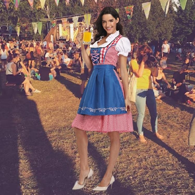 Adults Women's Oktoberfest Costume German Bavarian Beer Outfits Dirndl Dress Apron Bows Ribbon for Halloween Party