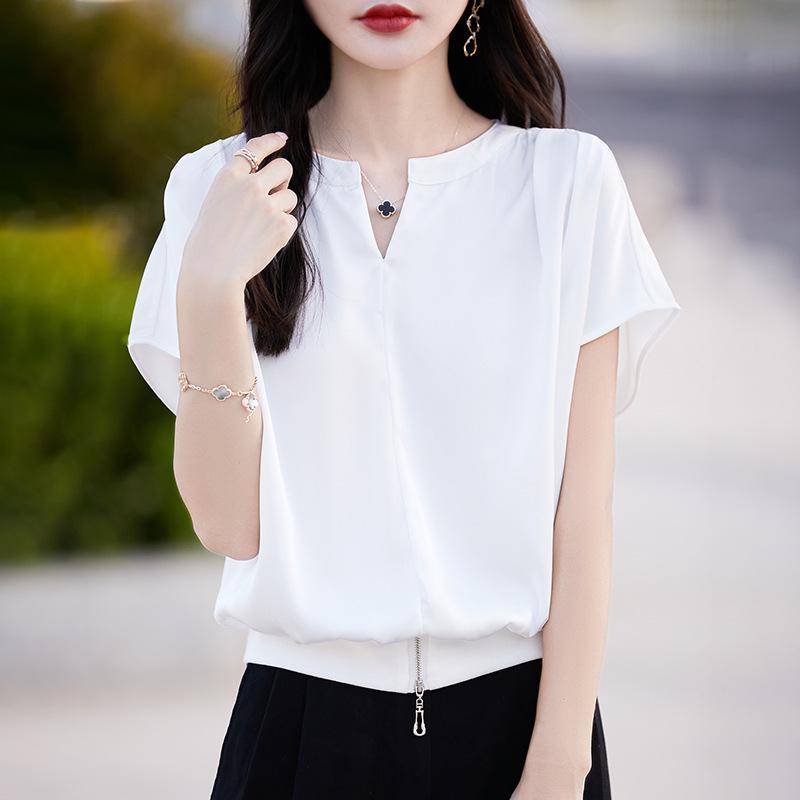 

Элегантная женская рубашка из шелкового атласа Mulberry Silk с V-образным вырезом 2024 года – летняя, с короткими рукавами, свободного кроя