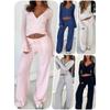 Solid Fleece Laced Long Sleeve Top High Waist Straight Casual Set For Women