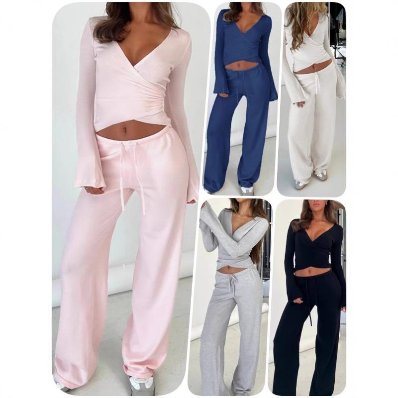 Solid Fleece Laced Long Sleeve Top High Waist Straight Casual Two Piece Set For Women