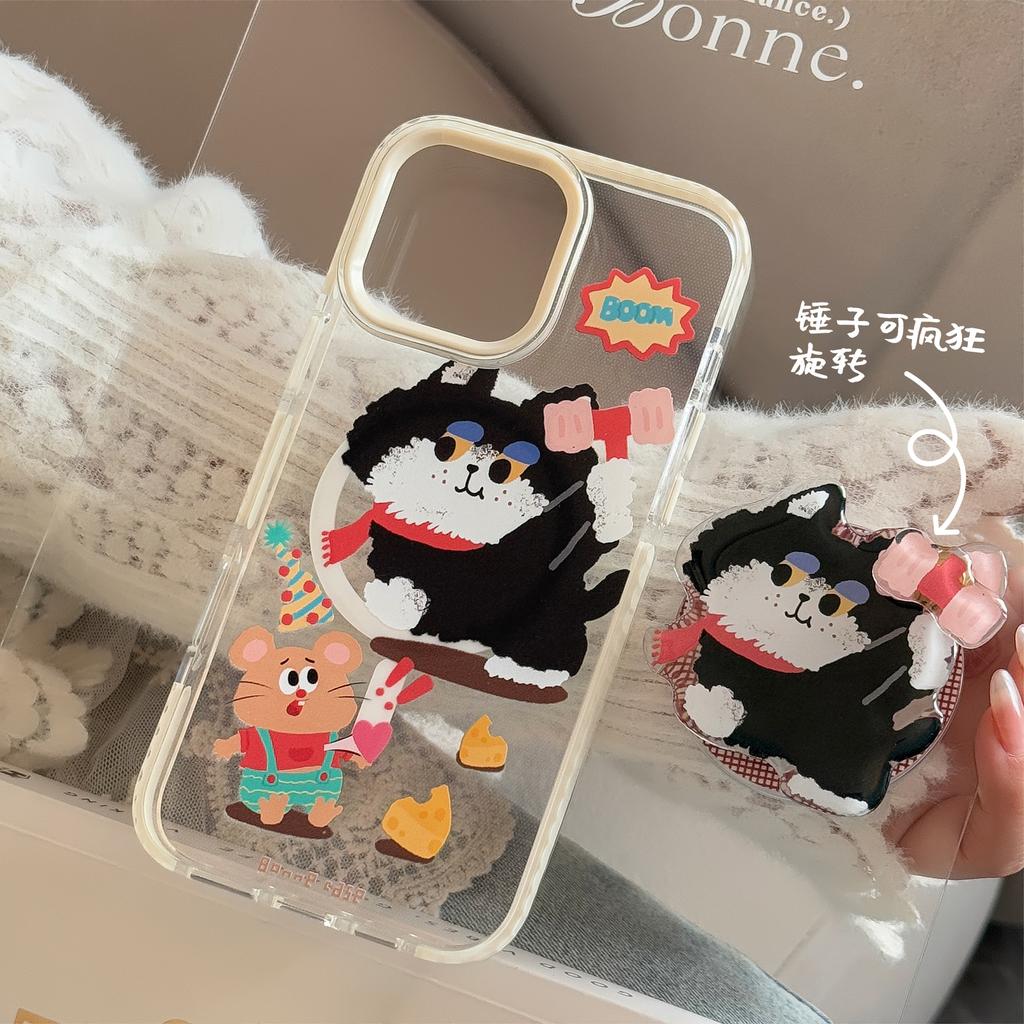 Magnetic Cartoon 16promax Transparent IPhone 15 Mobile Phone Case Suitable for 13 Hammer Cat Rotating Bracket 14 Soft