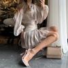 Elegant Bow Lace Up Skirts Set Women O Neck Long Sleeve Blouses High Waist Pleated Skirt Lady Outfits