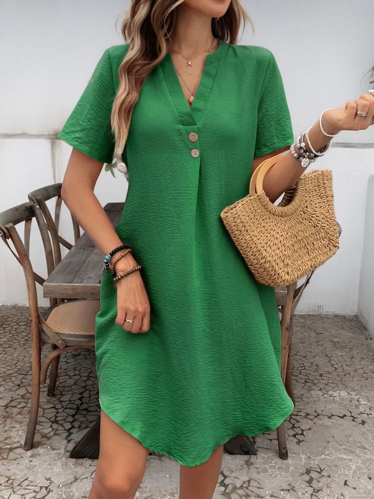 Popular European and American v-neck solid color elegant short-sleeved dress, spring and summer women's clothing