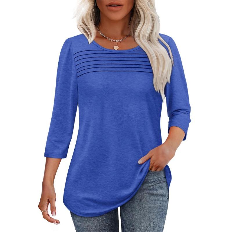Autumn Round Neck Seven Quarter Sleeve Pleated Top Women's T-shirts