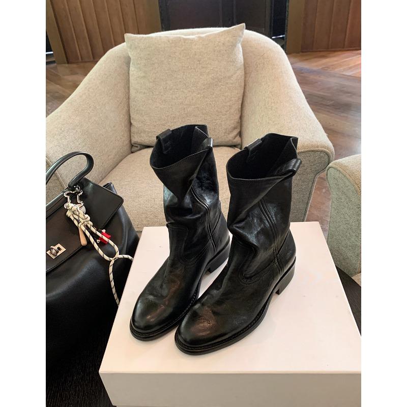 

! Shoes Washed Horse Skin V Mouth Western Boots Coarse Heel Short Boots Women s Desert Boots Autumn 34 чёрный