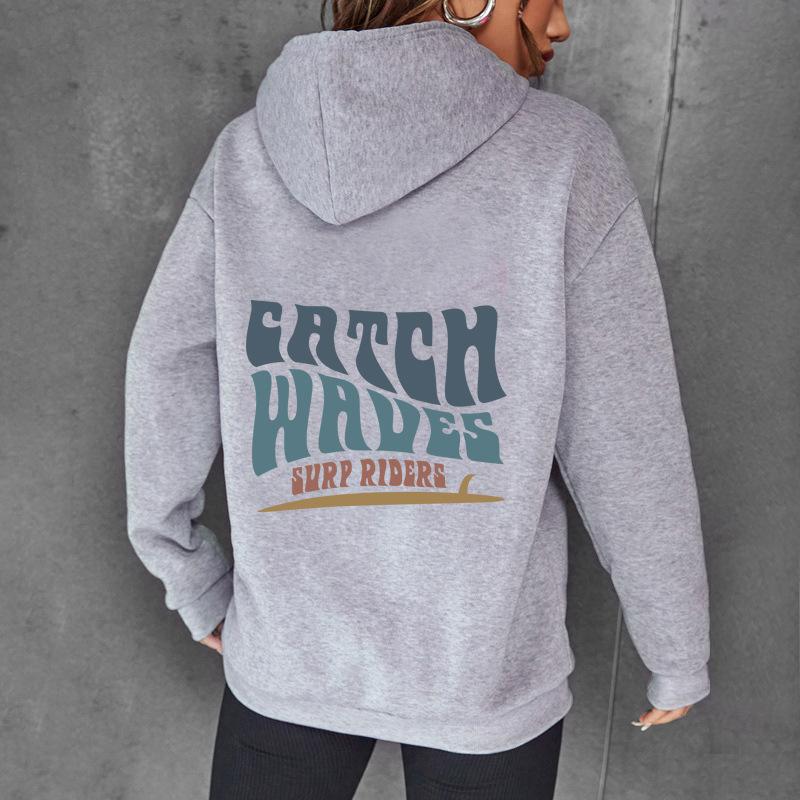 Chtch Waves Surp Riderseuropean And American New Style Letter Printing Fashion Hooded Back Collar Plus Velvet Sweater Women