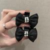 Black Satin Pearl Double-Sided Mini Bow Claw Hair Clip - Small Size for Bangs and Flyaways.