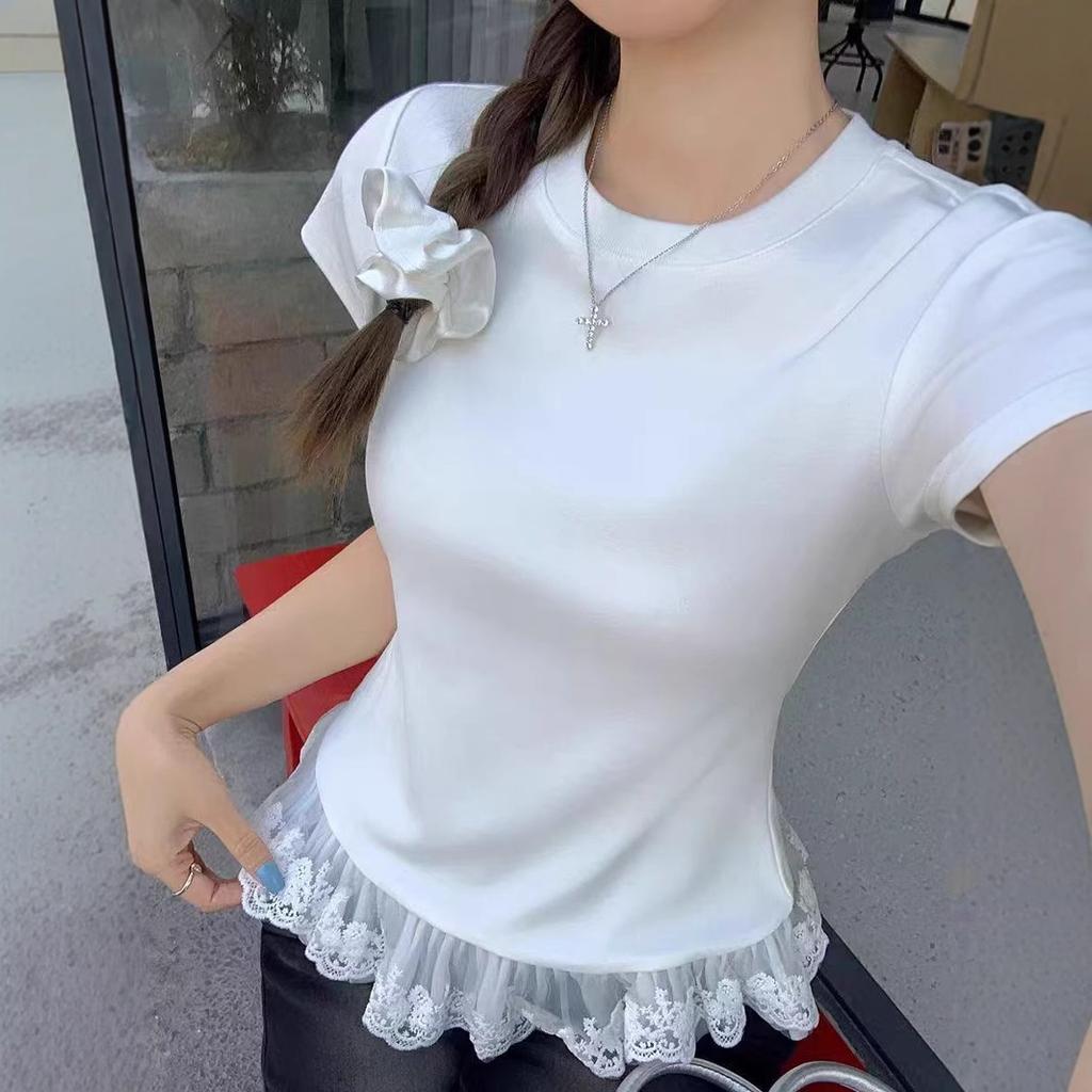 Summer new lace lace ballet-style short-sleeve T-shirt, Korean version new inner layer, designer top for women, wholesale