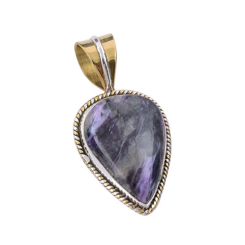 Natural Charoite Gemstone 925 Solid Sterling Silver Two Tone Pendant 1.50" W3P21