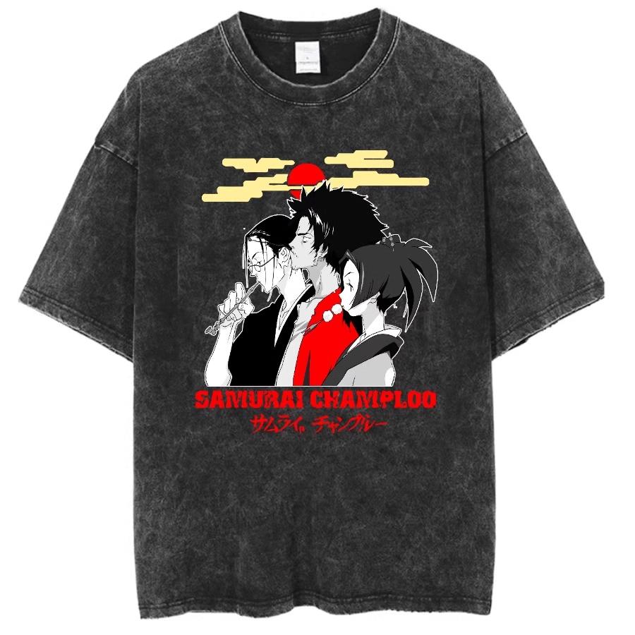 Anime Graphic Print Samurai Champloo Vintage Washed T-Shirts Mens Womens Harajuku Oversize Short-Sleeved Streetwear Tops