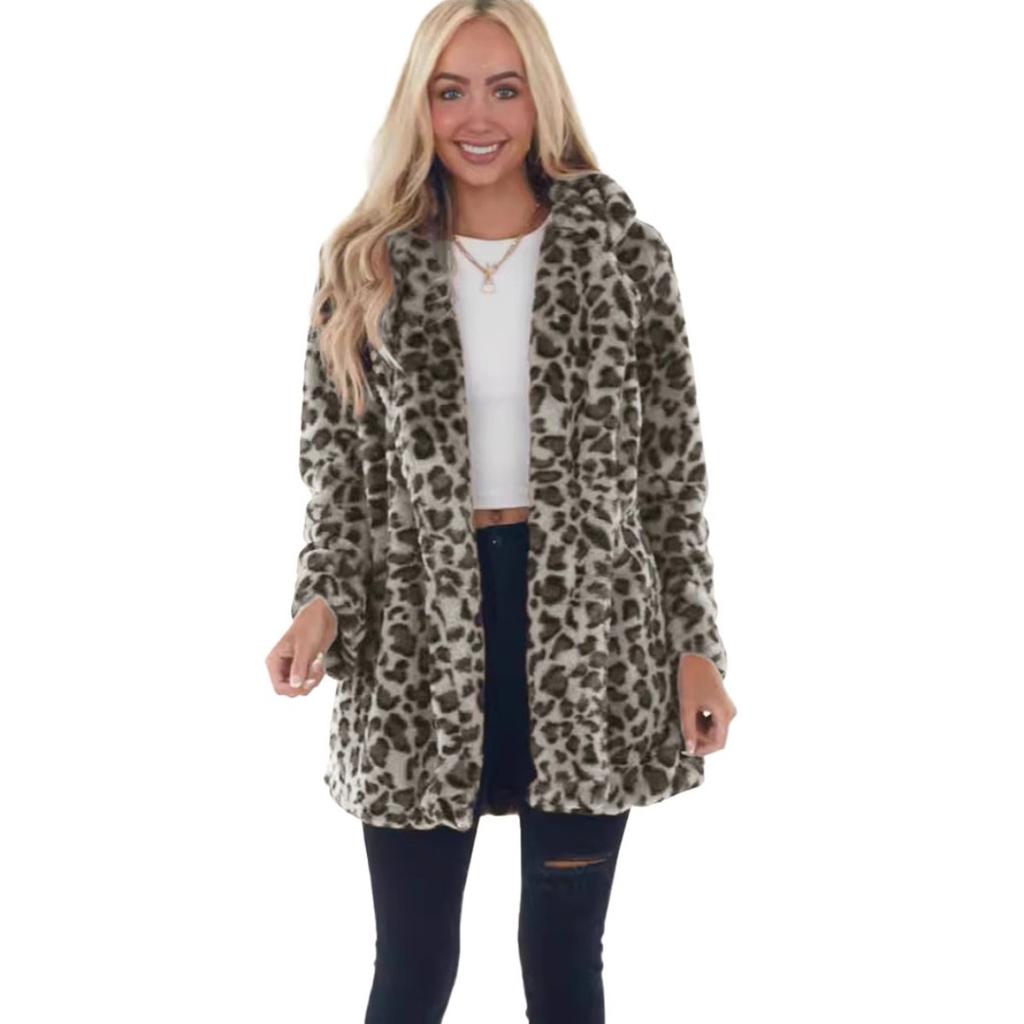 Women's Turn Down Collar Long Sleeve Loose Fit Leopard Print Faux Fur Jacket Mid Length Plush Winter Cardigan Coat