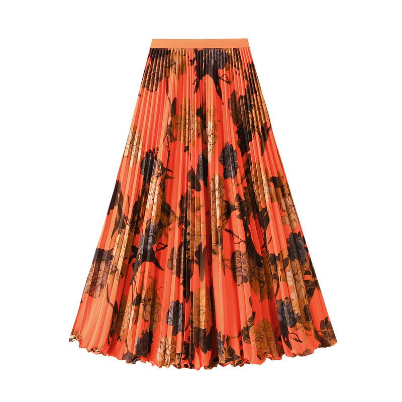 

2026 Spring/Summer European-American High-End Retro Pleated A-Line Maxi Skirt D9908 One Size оранжевый