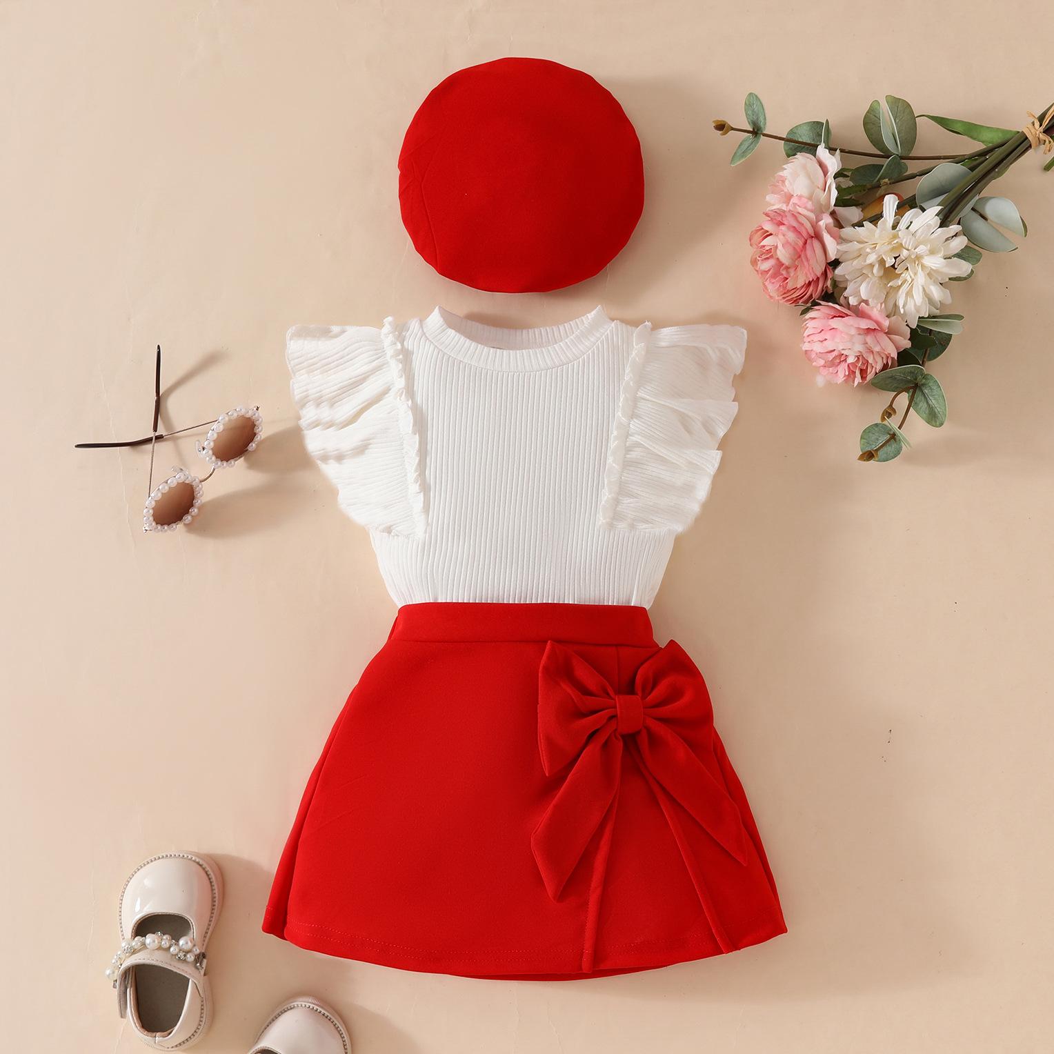 

Модный комплект для девочек, летний детский комплект из трех предметов: топ без рукавов, однотонная юбка с бантом 6-9M красный