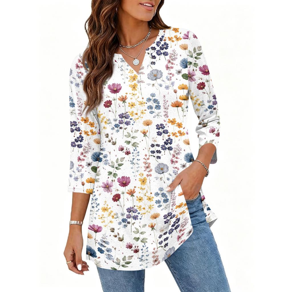 Womens Casual V Neck 34 Sleeve Pullover Tunic Top Floral Print Loose Fit Mid Length Blouse for Daily Wear