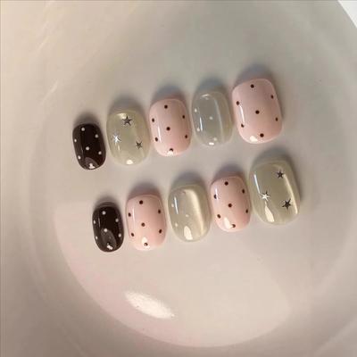 10Pcs Handmade Pink Polka Dot Star Cat Eye French Tip Short Round Square False Nails Shiny Spring Nail Art