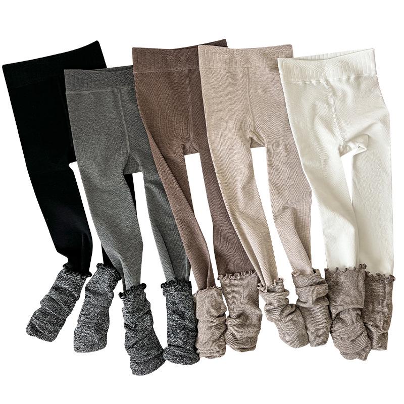 Children's Golden Brown Two-Piece Scrunched Socks & Warm Leggings Set for Autumn/Winter