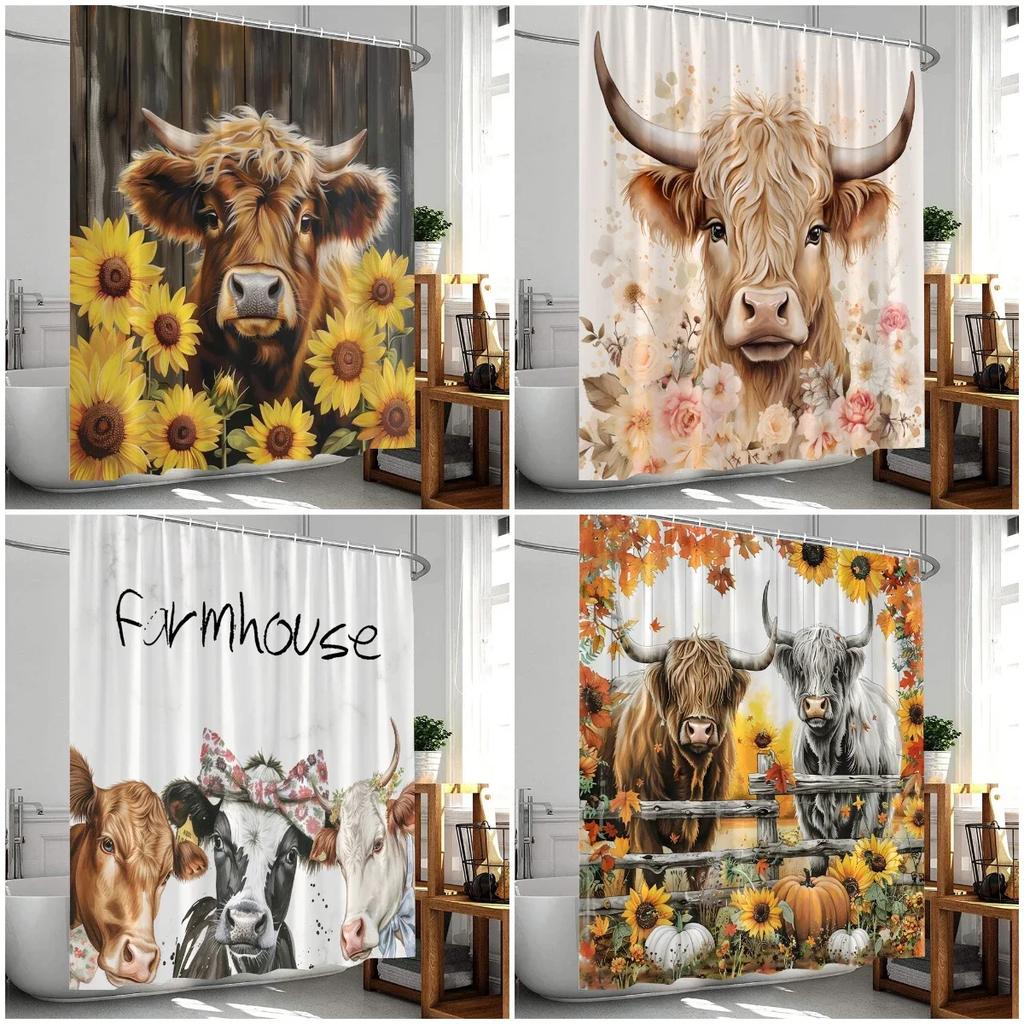 Landhaus Badezimmer Duschvorhang Dekorativ Kuh Sonnenblume Blume Kürbis Herbst Polyester Badewannenvorhang