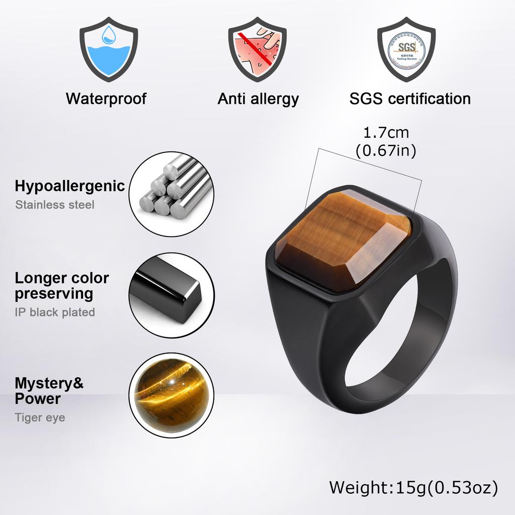 Vnox Tiger Eye Stone Ring for Men, Geometric Square Stainless Steel Metal Finger Ring, Stylish Ring Band Wedding Gift Size 7-12