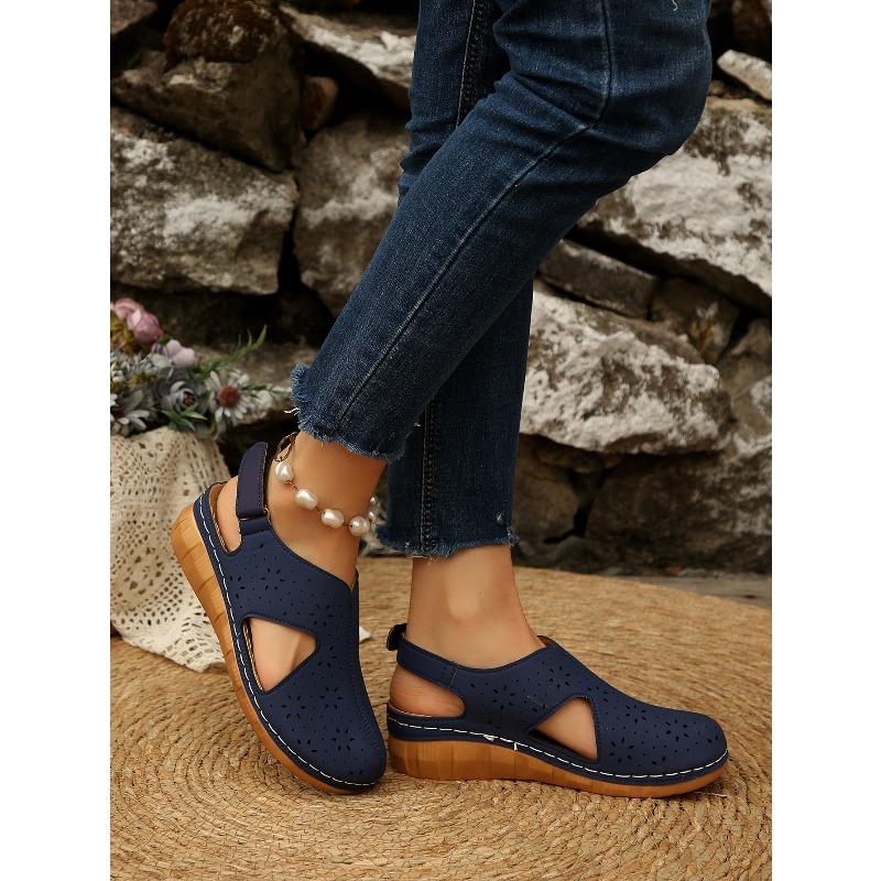 Women's Summer Breathable Hollow Velcro-Strap Wedge Peep-Toe Stitched Closed-Toe Sandals, Casual Comfort Footwear.