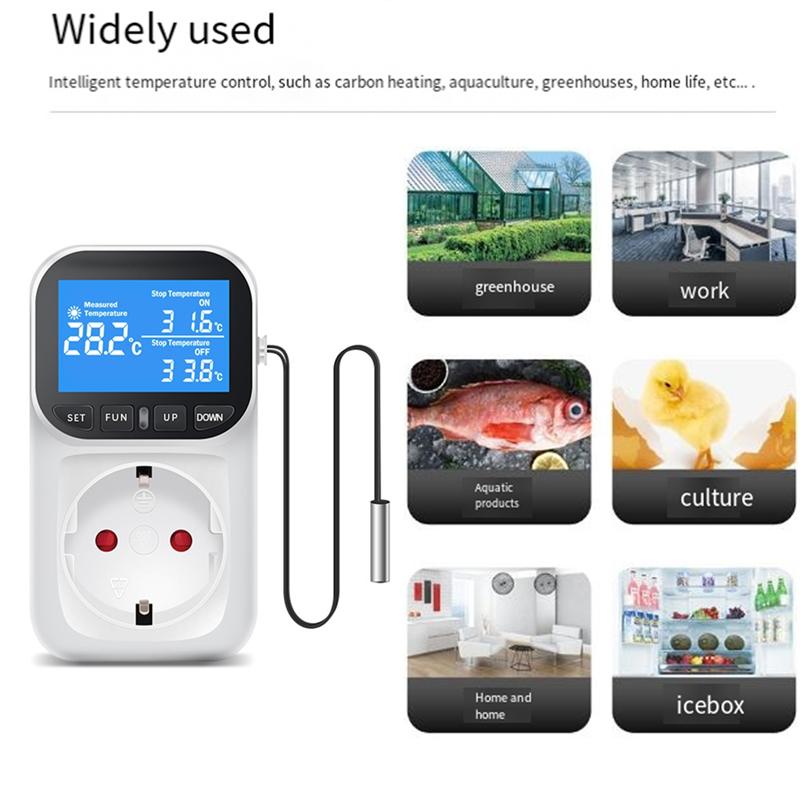 AD23-Digital Temperature Controller Socket Outlet Thermostat With Sensor Probe Heating Cooling Switch Backlight EU Plug