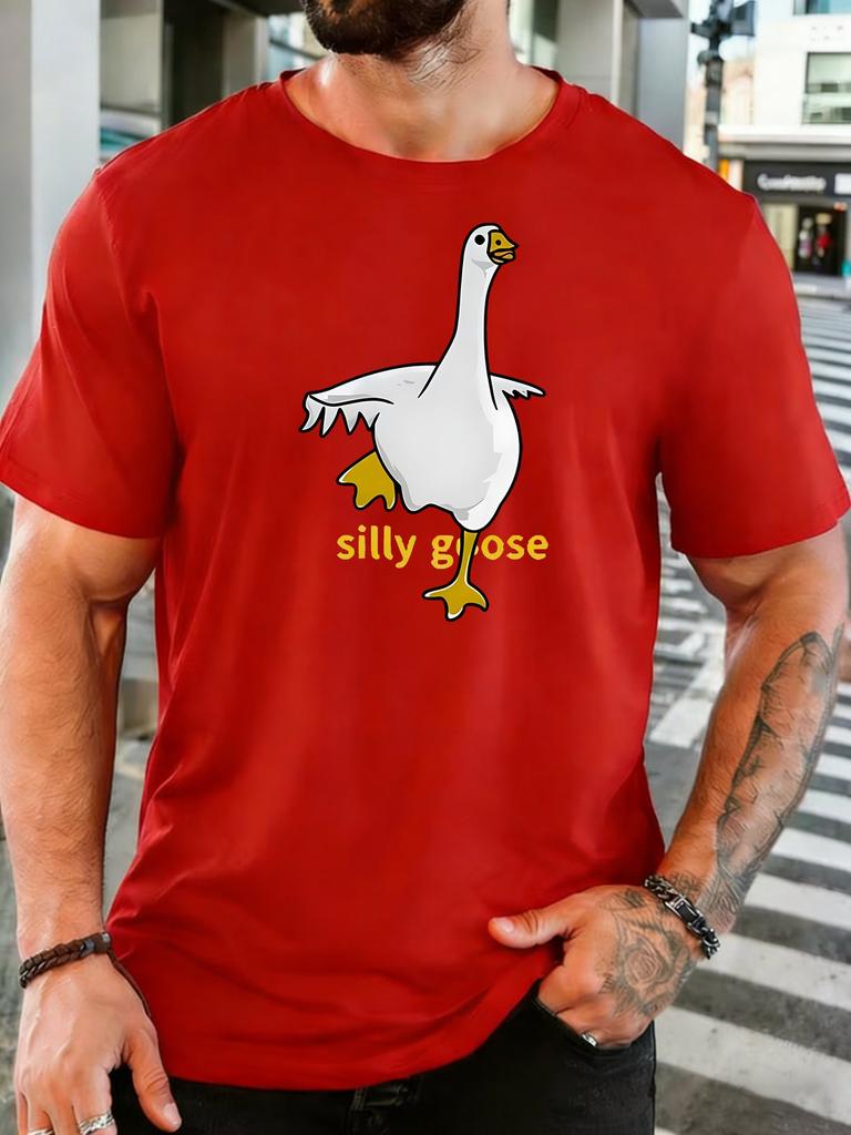 Cartoon Standing Goose Silhouette Slogan Print Unisexs Breathable Cotton Round Neck Short Sleeve Humor Casual Daily Street Top