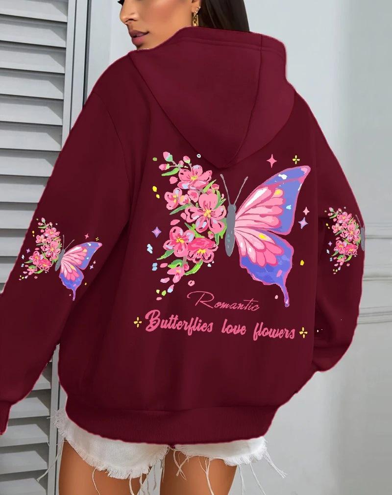 Butterfly Love Floral Print Women's Fleece Hoodie - Loose Fit with Pockets