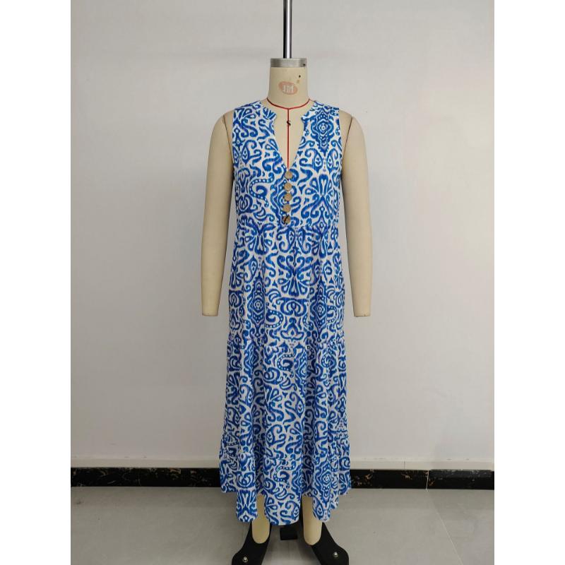 New Women's Abstract Print Sleeveless V-Neck Maxi Dress, Flowy Bohemian Long Dress for Summer Beach & Party