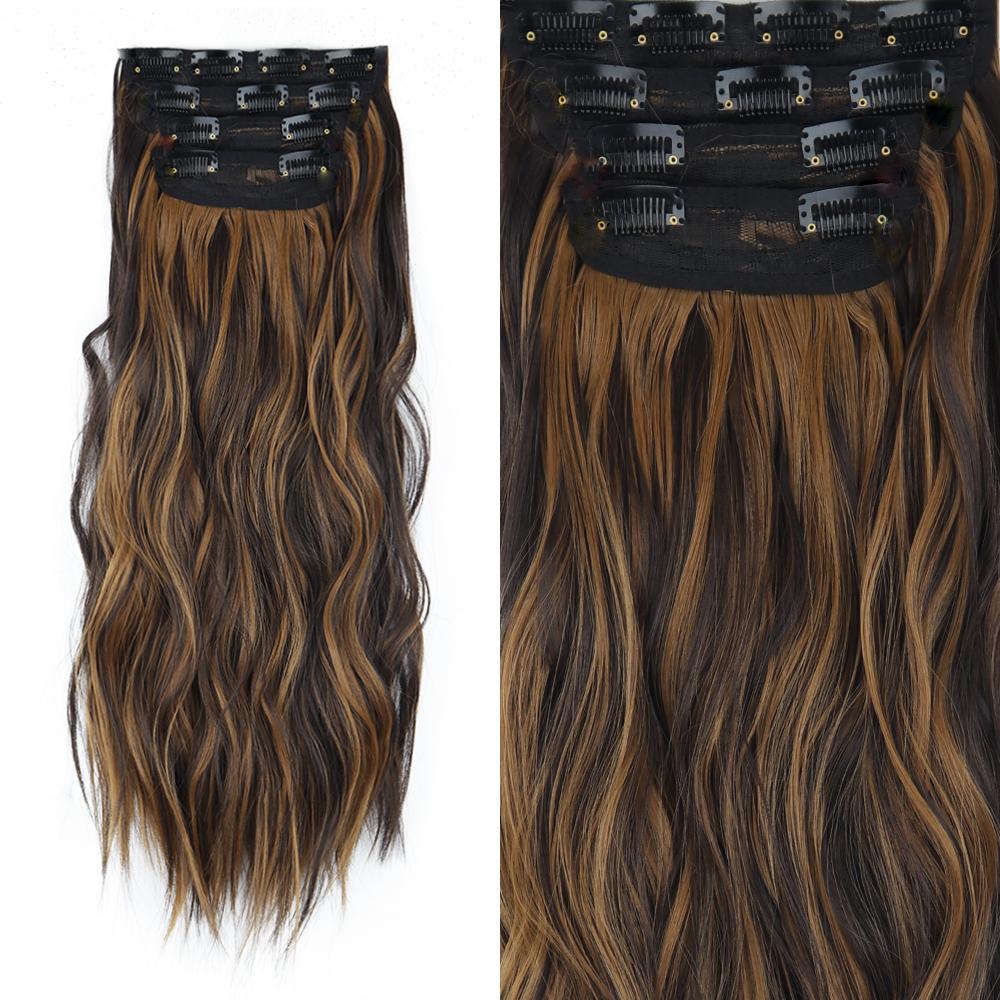 MISSQUEEN Light Brown Long Wavy Hair Extensions Synthetic Fiber Natural 4 Pieces Clip On Hairpiece Women Fashion Daily Wear Hair