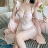 Pure Desire Mesh Gathering Plus Chest Pad Perspective Temptation Hollow Backless Nightdress Robe Loungewear Set