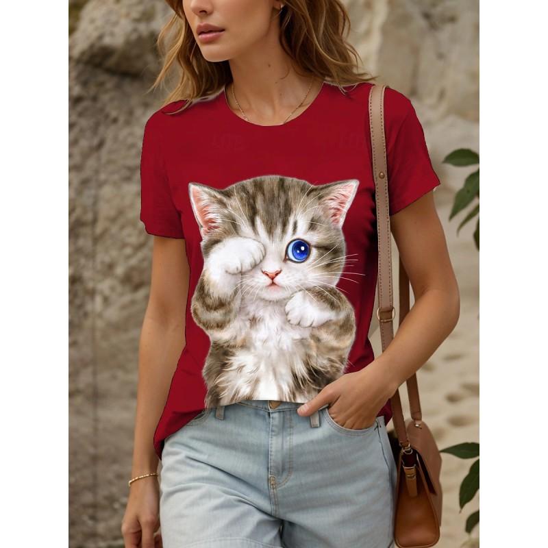 Womens Loose Fit Short Sleeve T-Shirt With 3D Digital Color Block Print Round Neck Casual Top