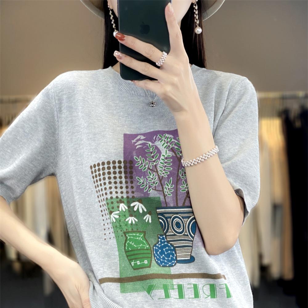 Summer New Knitted Short-Sleeved Women's Round Neck Color Matching Printed T-Shirt Loose Plus Size Half Sleeve Top