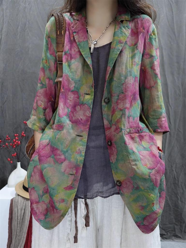 2026 New Style Women's Cotton-Linen Retro Printed Loose-Fit Casual Long Sleeve Suit