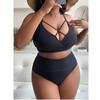 European and American Foreign Trade New Fat MM Sexy Plus Size Solid Color Strap High Waist Bikini Swimsuit