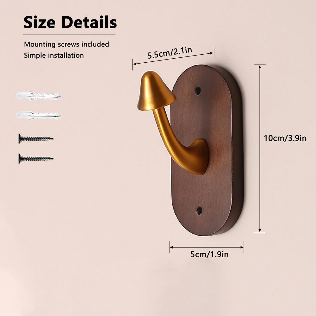 4 Pcs Mushroom Hooks, Mushroom Coat Hooks Wooden Base with Zinc Alloy Hooks To Highlight Vintage Feeling, Decorative Wall Hook Hooks for Hanging Coat