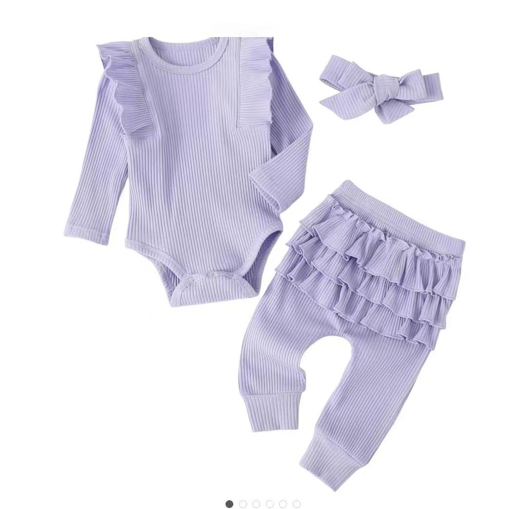 3PCS Infant Baby Girls Outfits Newborn Ruffled T-Shirt Romper Bodysuit + Pant + Headband Clothes Set Long Sleeve Fall Winter Clothing Suits