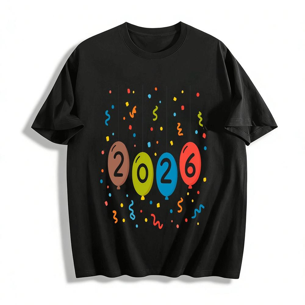 

2026 New Year Themed Printed Casual Top For Men And Women Pure cotton T-shirt XXS