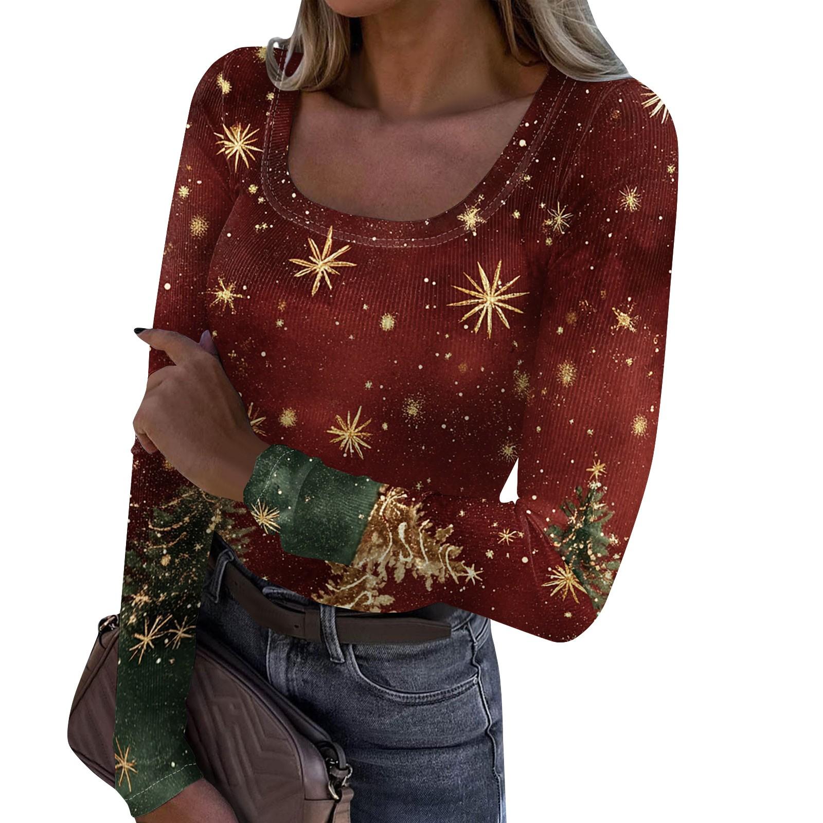 

Женская мода Slim Bottom Casual с длинным рукавом и рождественским принтом пуловер с U-образным вырезом XXXL винный