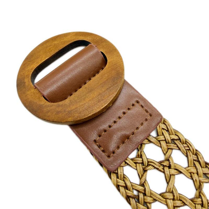 European Retro Colorful Woven Round Wood Buckle Leather Belt with Flowing Ribbon - Versatile Women's Waist Decoration