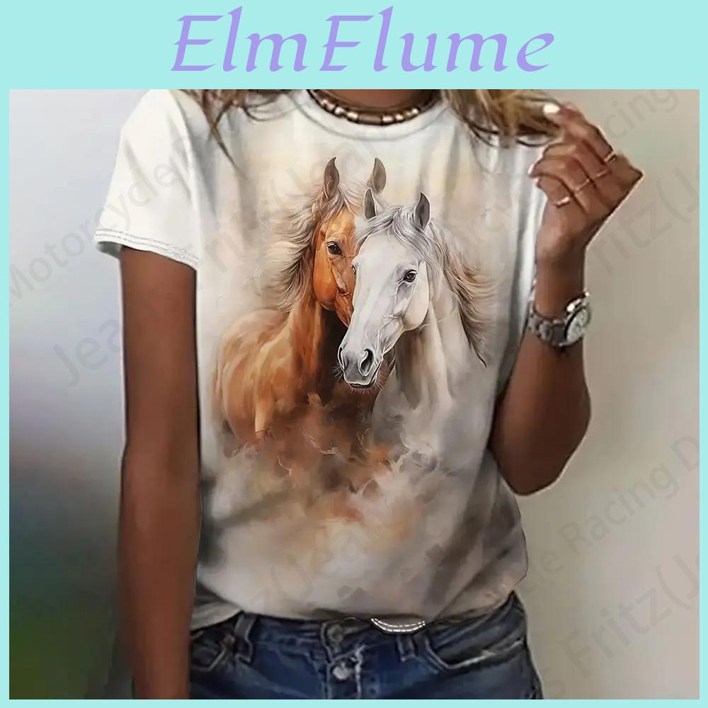 Womens Vintage Summer Tshirt Horse 3d Print Tshirt Women Fashion Tshirt Crew Neck Short Sleeve T Shirt Kids Tops Tees Animal