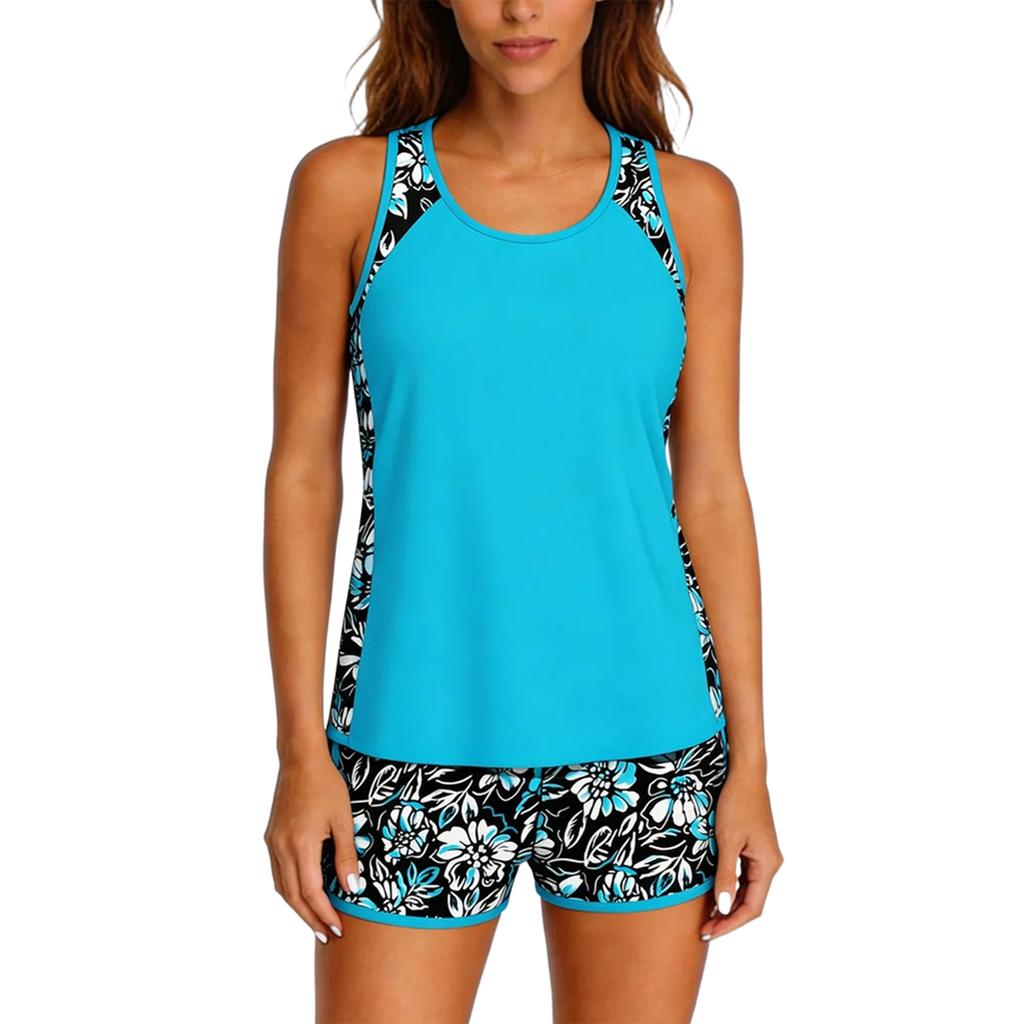 Women’s Two Piece Athletic Swimsuit Set with Printed Tank Top and Boyshorts for Outdoor Activities