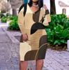 Women Plus Size V Neck Long Sleeve Printed Fitted Straight Midi Dress