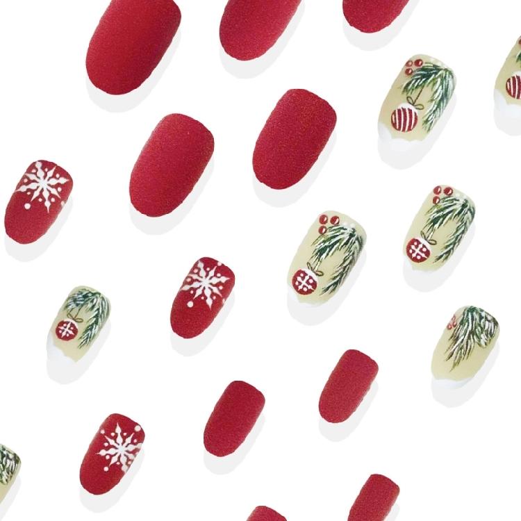 Christmas Party Press On Nail Green Leaves Pattern Short Square False Nail With Glitters Design Party Manicure Set