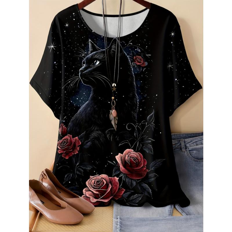 Fashion Women's Flower Short Sleeve Crew Neck T-Shirt 3D Flower Short Sleeve Crew Neck Short Sleeve