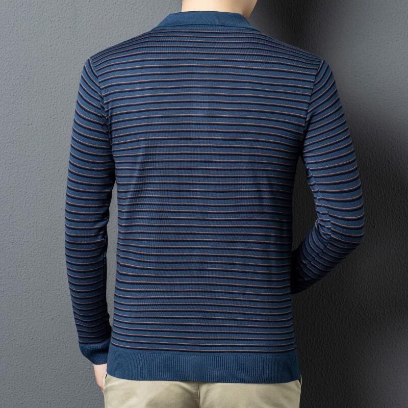 Fengxun Men's Striped Wool Blend Polo Knit Sweater