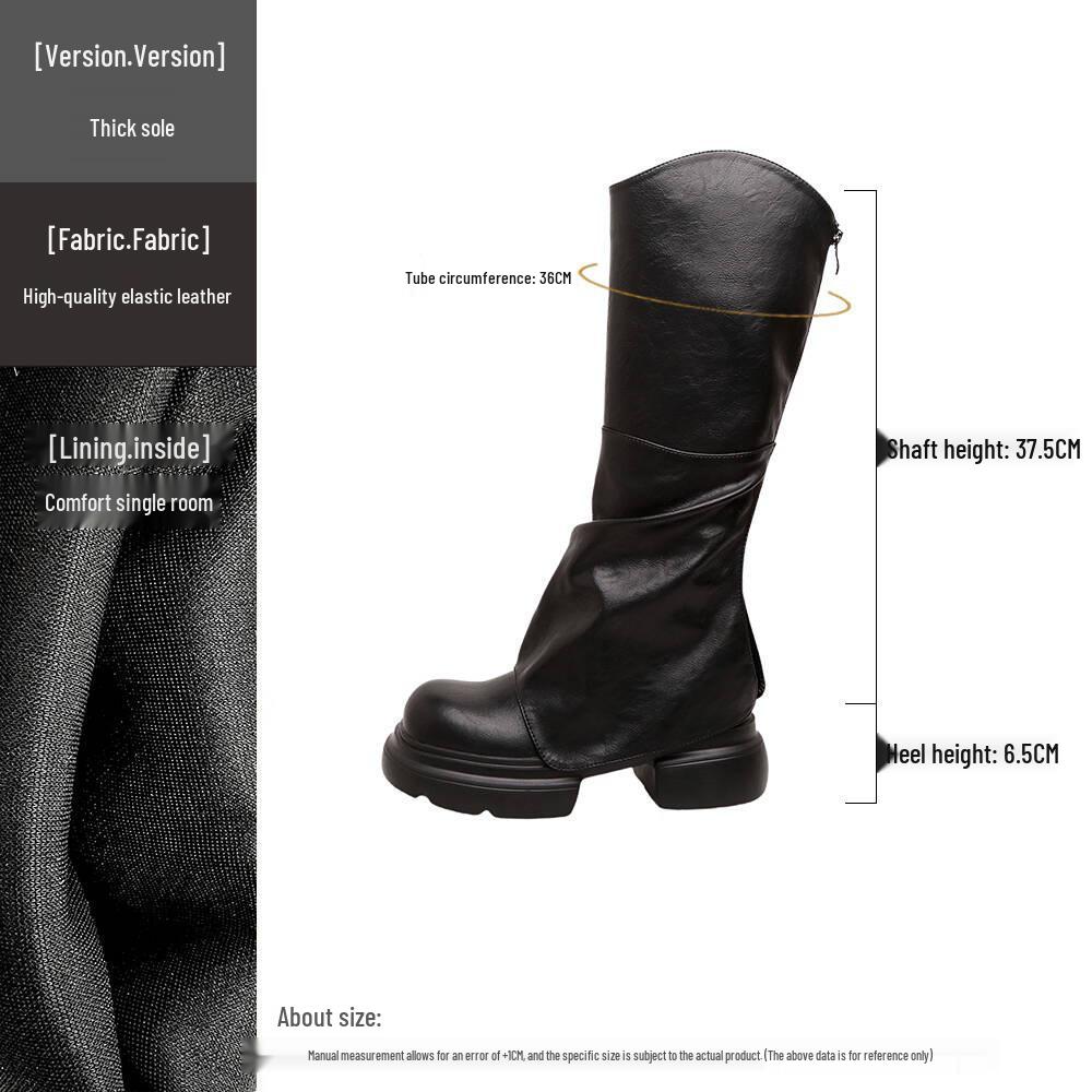 Women's Soft Leather Knee-High Ruched Boots with Thick Sole - 2024 Autumn/Winter
